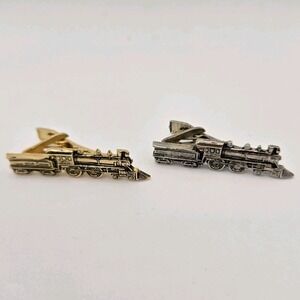 2 Empire State Express Locomotive Train Engine Vintage Tie Bar Clips Gold Silver